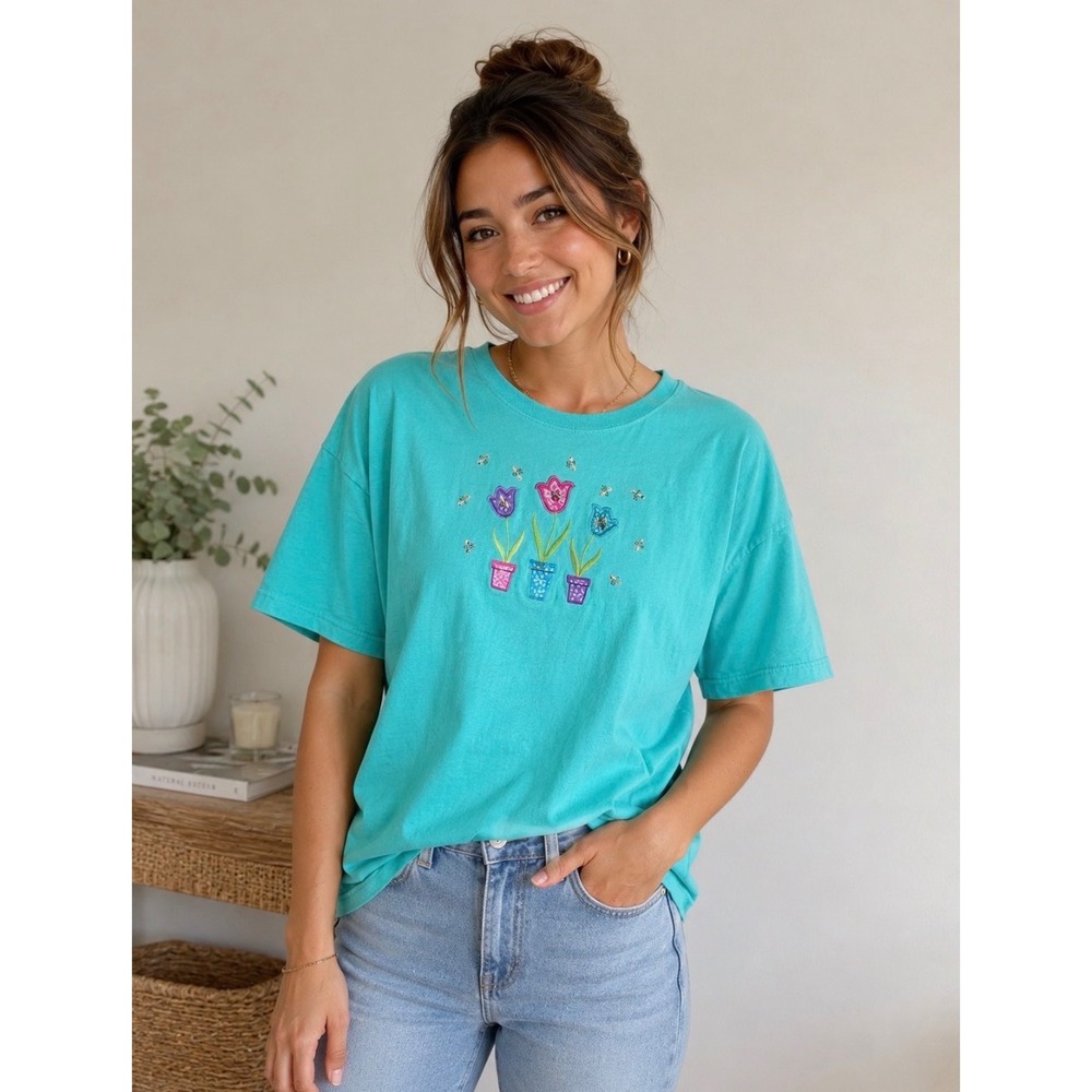 Top Stitch Morning Sun T-Shirt Women 2XL Turquoise Floral‎ Embroidered Sparkle